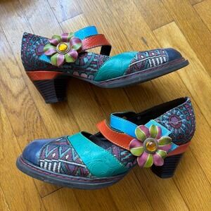 Socofy Artsy Patchwork Retro Floral Mary Jane Heels Multi Color Size 9